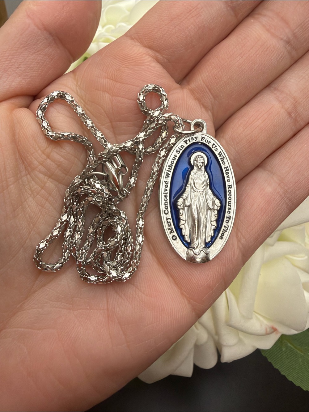 Silver tone Blue Enamel Miraculous Medal Necklace